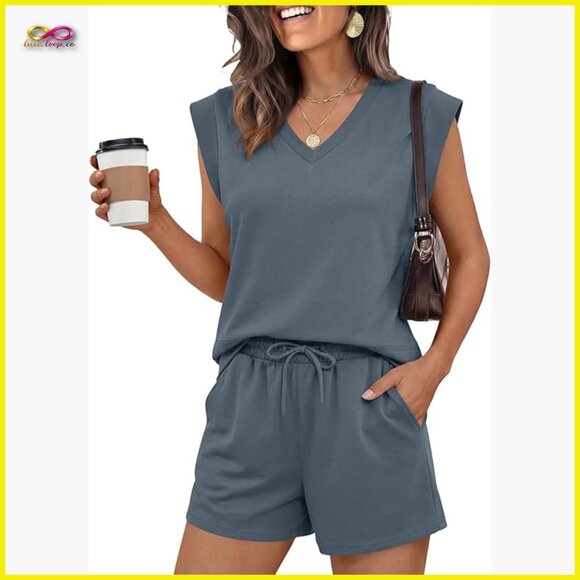 Other - Two Piece Short Set Lounge Outfit‎ Cap Sleeve V Neck Drawstring Casual